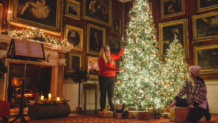 Staff at Saltram decorate the trees in the Red Roomready for Christmas time.